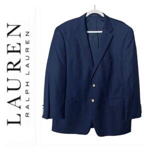 Lauren Ralph Lauren Wool 44R Suit Jacket Mens Blazer Navy Blue Gold Butt…